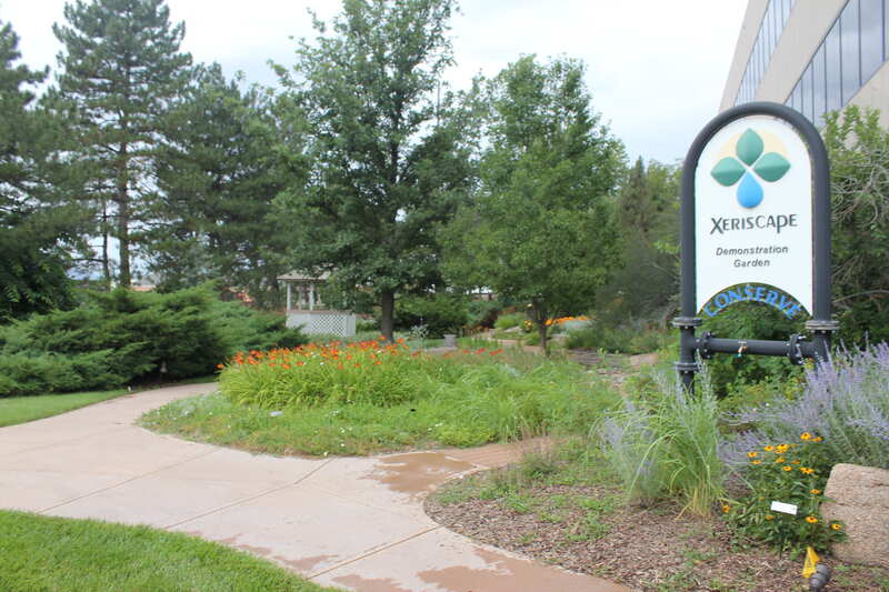A xeriscape demonstration garden in Denver, Colorado with paths, gravel, and flowering plants