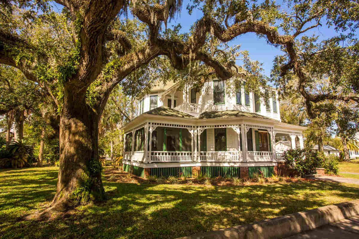 A southern mansion and a large live oak tree in Fernandina Beach, Georgia.