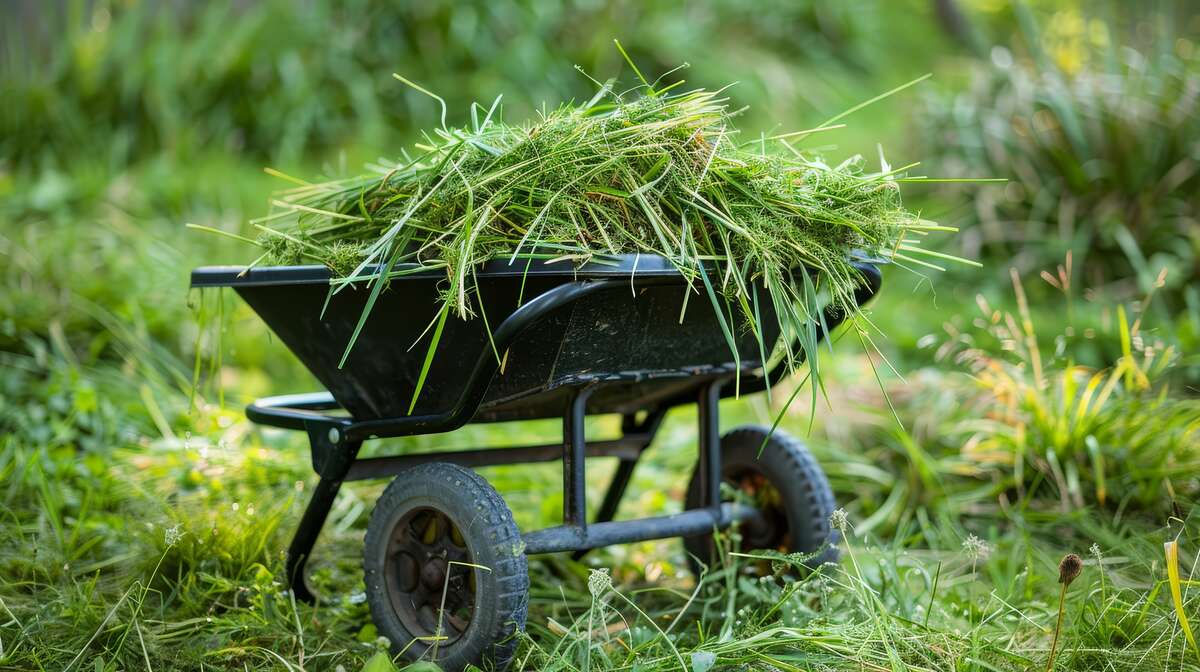 Garden wheelbarrow filled with freshly cut grass