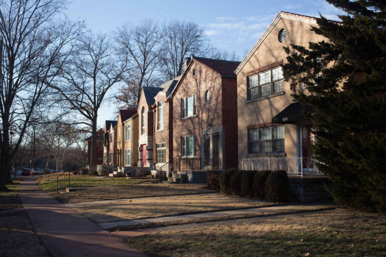 A row of houses and lawns in St. Louis, Missouri with browning grass and bare trees