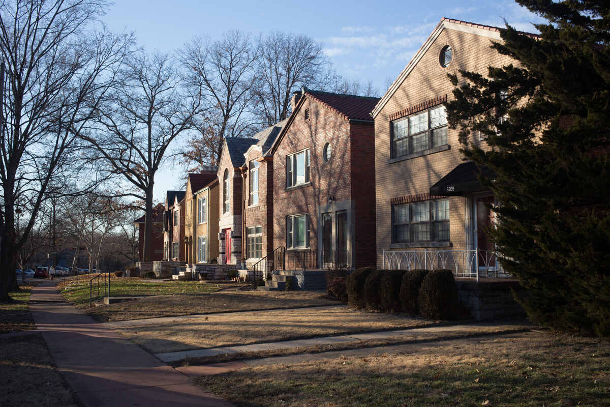 A row of houses and lawns in St. Louis, Missouri with browning grass and bare trees