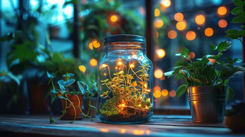 A glass jar terrarium sits on a wooden windowsill with string lights illuminating the small plants inside. 