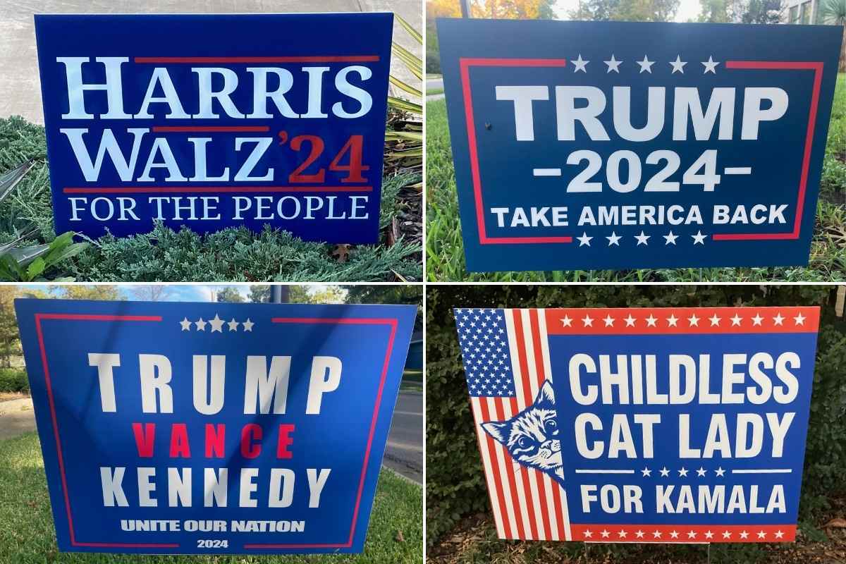 Four political campaign signs — two for Harris/Walz and two for Trump/Vance — on the lawn.