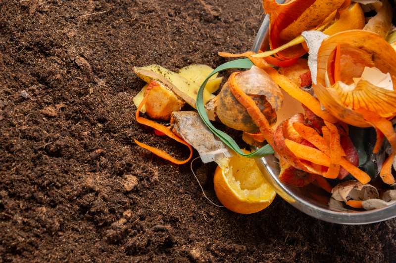 A metal container tipped over on rich, dark compost soil, spilling food scraps including vegetable peels, fruit rinds, onion skins, a used tea bag, and eggshells, illustrating organic waste ready for composting.