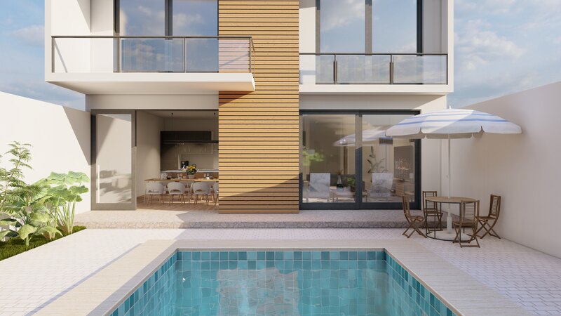 beautiful backyard pool with tall privacy walls and umbrella patio set