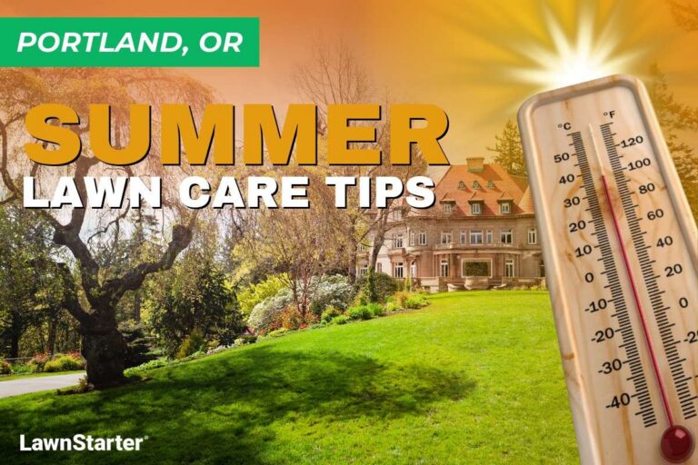graphic for Portland, Oregon summer lawn care tips, showing sunny estate lawn, large thermometer, bright sun, and LawnStarter branding.