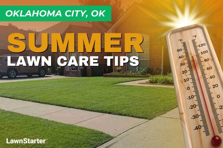 A house with a manicured lawn on an illustrated image with a thermometer and sunburst depicting summer heat.