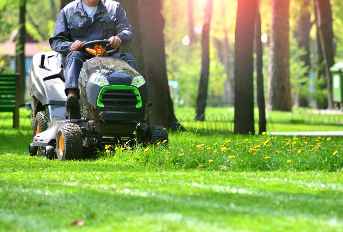 Landscaper mowing green lawn in spring, promoting healthy grass growth, weed control, and seasonal yard maintenance in sunny backyard.