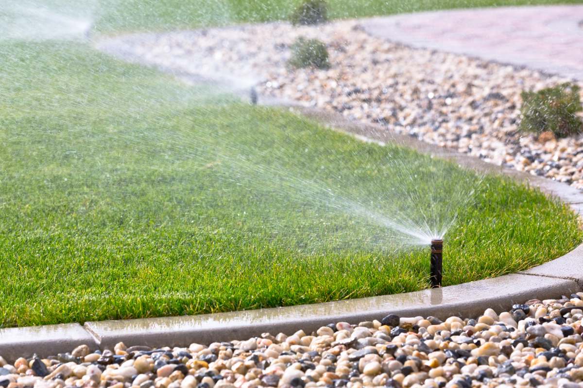 Sprinkler waters a green lawn beside a stone landscape border, spraying fine mist across grass in a neatly maintained yard.