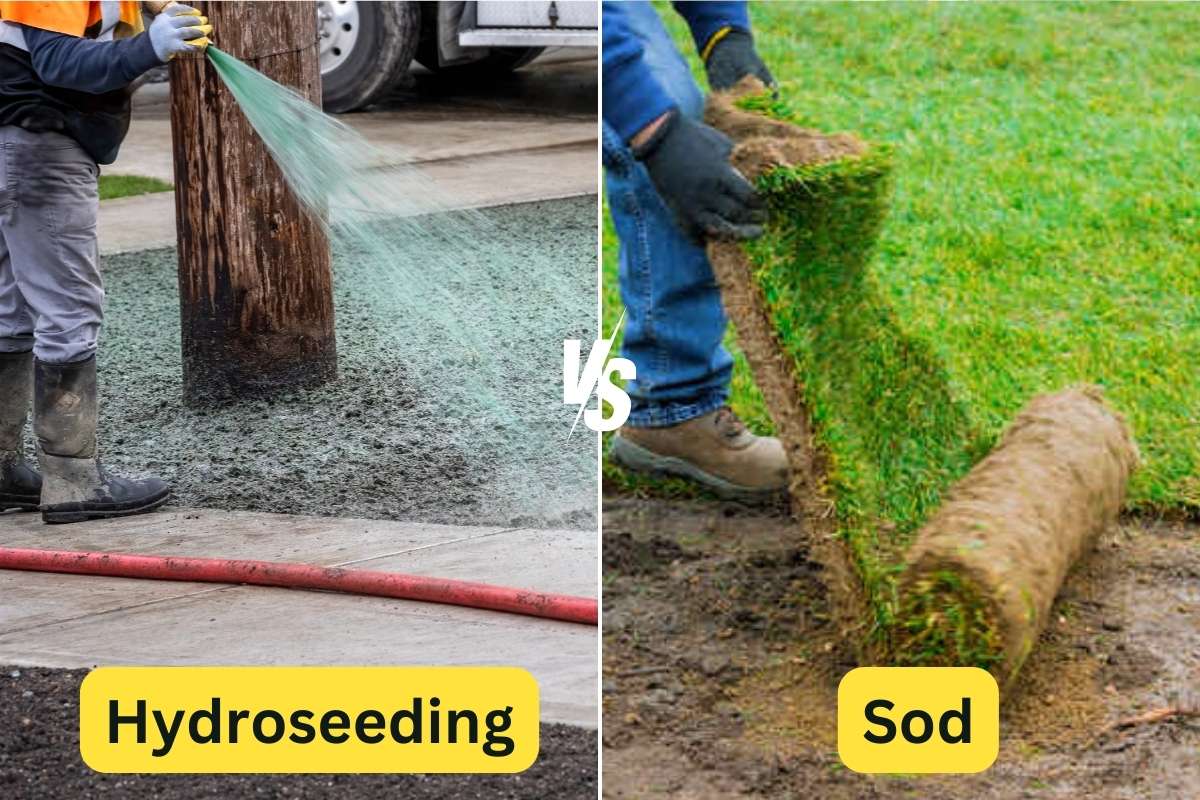 side by side image of person hydroseeding and soding a lawn
