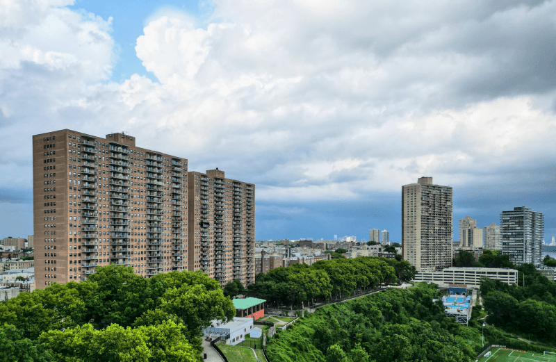 Tall apartment buildings overlooking Manhattan from West New York, New Jersey