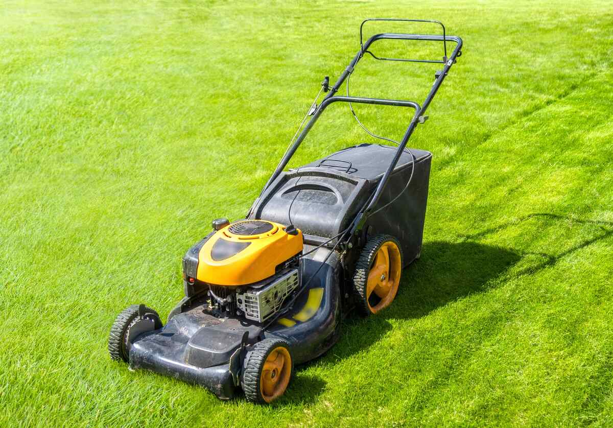 Lawn mower on fresh green lawn, freshly cut grass on summer sunny day