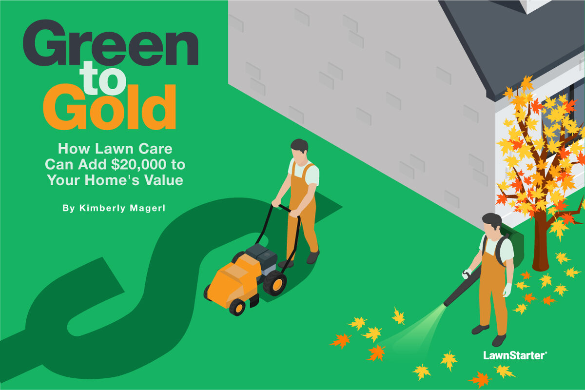 Illustration of two people doing lawn care—one mowing over a dollar sign pattern and the other using a leaf blower near an autumn tree—alongside text highlighting how lawn care can increase a home’s value.
