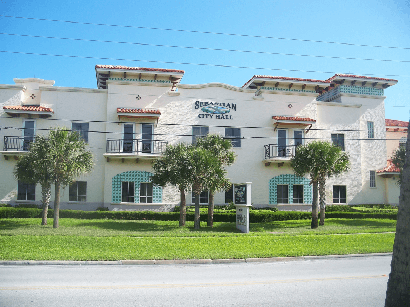 A historic Mediterranean Revival building stands as city hall in Sebastian, Florida