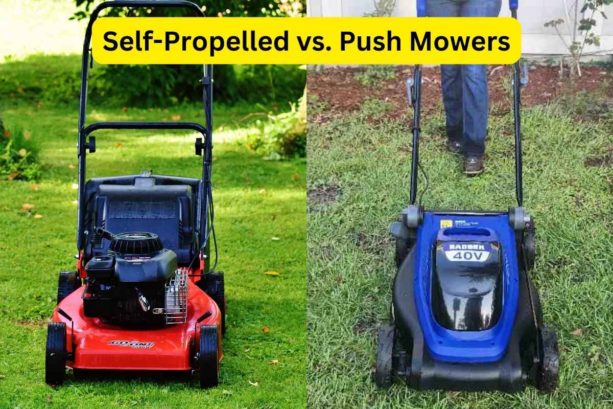 side by side image of a self propelled lawn mower and a person mowing a lawn with a push mower