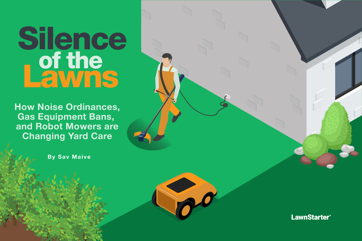 Illustration of a person using an electric trimmer and a robotic lawn mower on a green lawn, alongside the text “Silence of the Lawns” discussing changes in yard care due to noise ordinances, gas equipment bans, and automation.