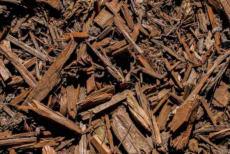 Close-up view of brown wood chip mulch spread across garden ground surface with rough natural texture and scattered pieces.