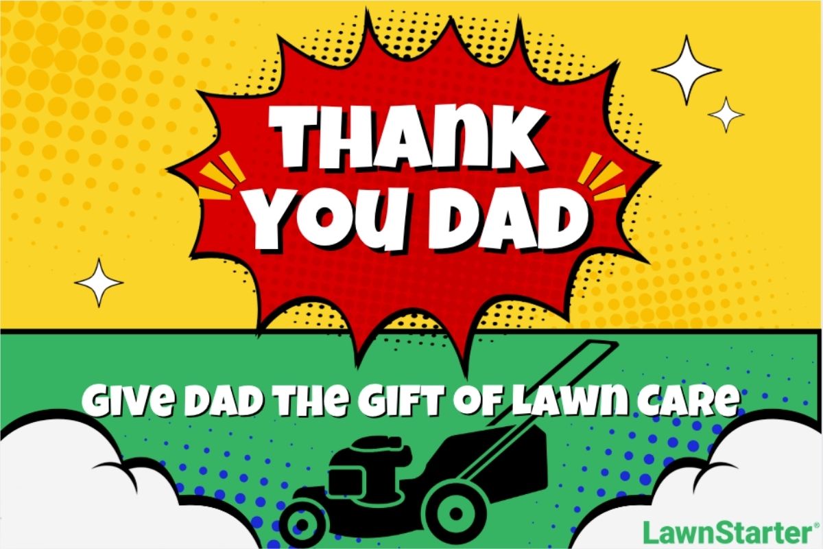 Comic-style Father’s Day card with a red burst reading “THANK YOU DAD” and the message “GIVE DAD THE GIFT OF LAWN CARE” over a background with a lawn mower illustration and the LawnStarter logo.