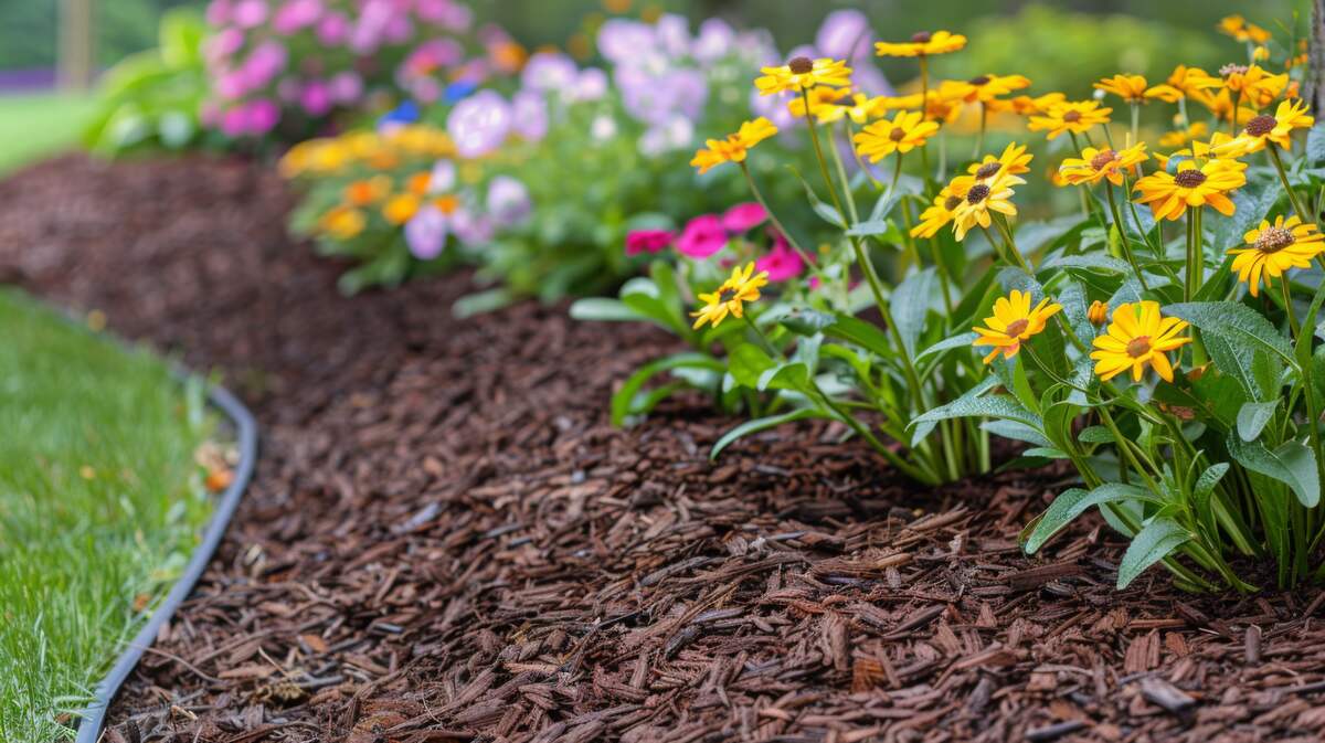 A close-up view of a garden bed with yellow and pink flowers blooming and surrounded by brown mulch.