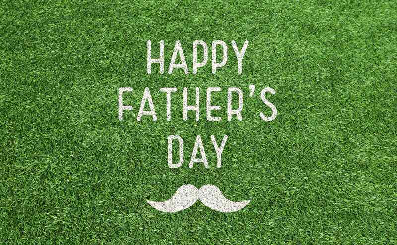Text reading “Happy Father’s Day” with a mustache icon below, displayed on a lush green grass background, symbolizing a Father’s Day greeting with a lawn care theme.