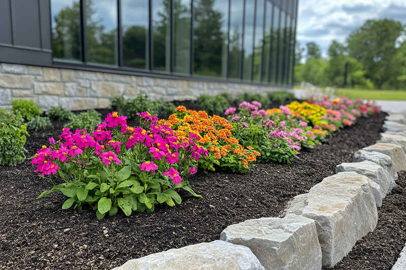Colorful flowers thrive in well maintained flower bed bordered with new mulch and stones  