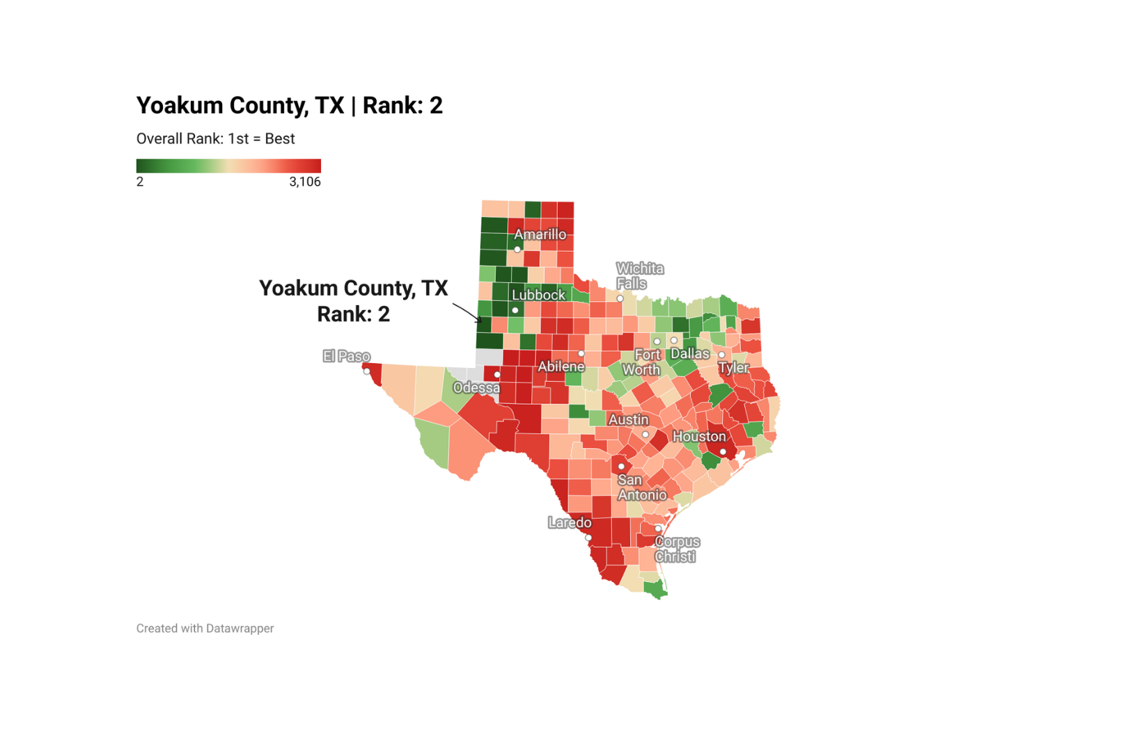 Map of Texas highlighting tree cover gain