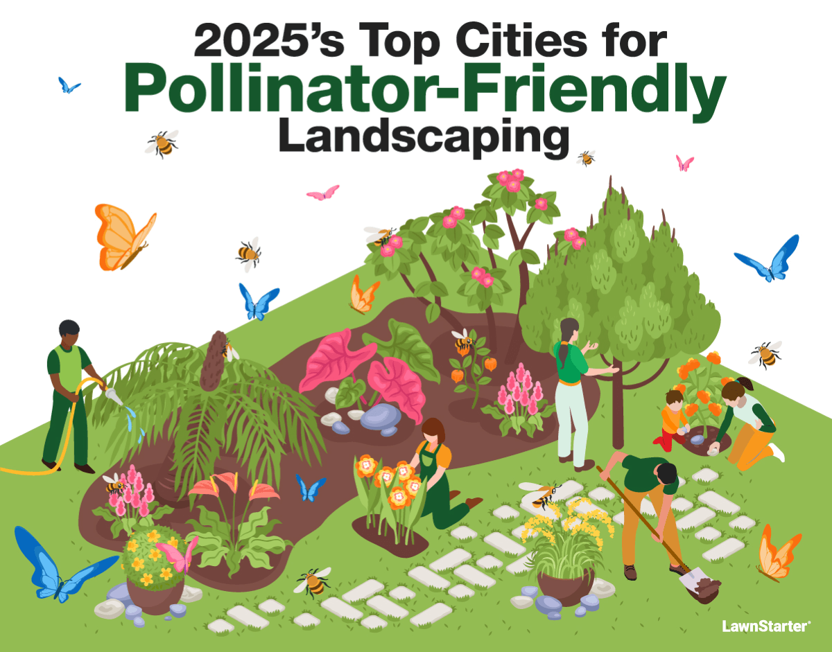 Graphic of a family planting native plants and surrounded by bees and butterflies.