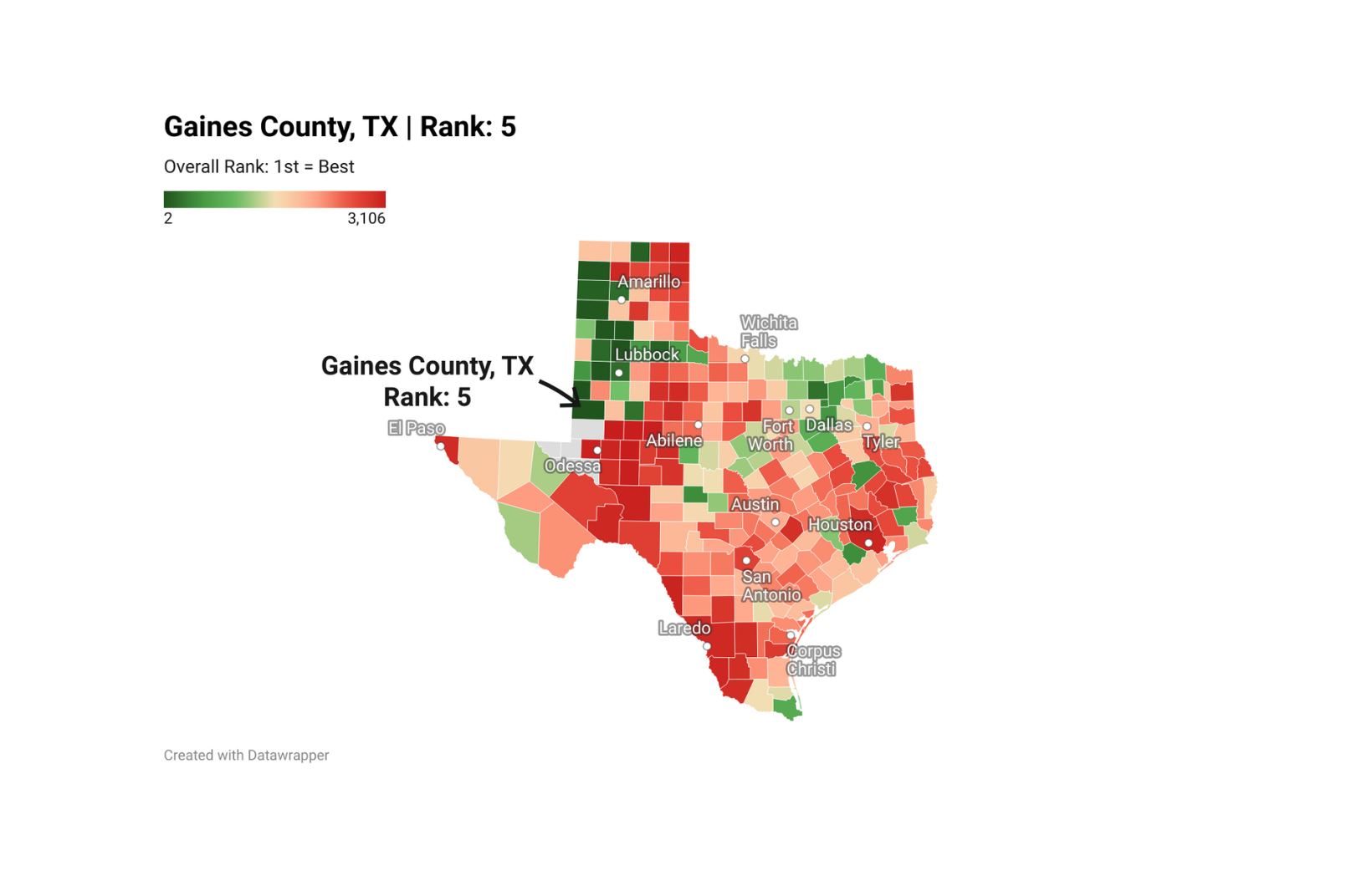 Map of Texas highlighting tree cover gain