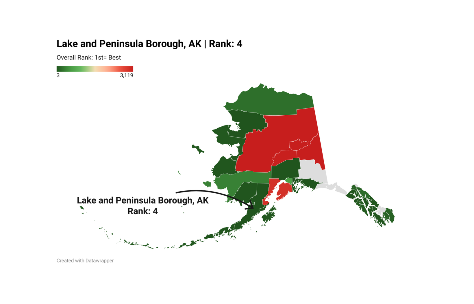 Map of Alaska highlighting tree cover gain