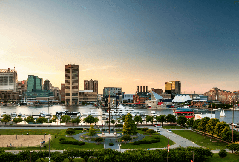 A sunset skyline view of Baltimore, Maryland