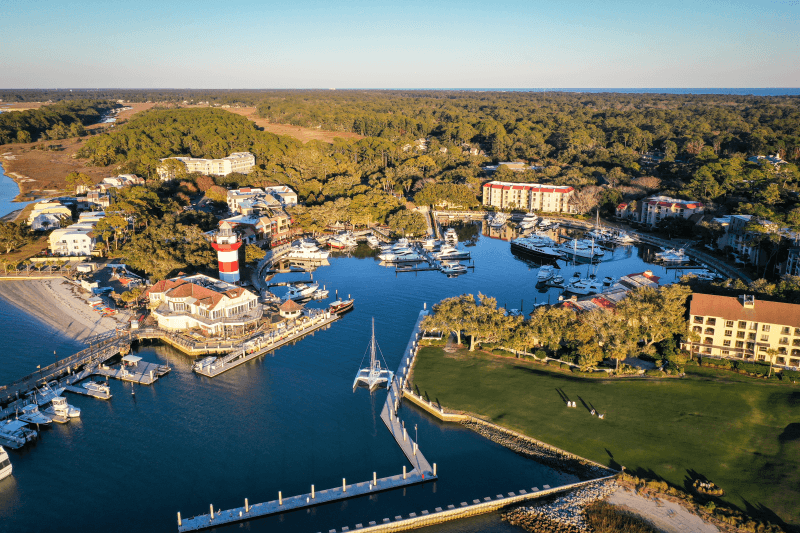 Aerial View of Harbor Town and lighthouse on Hilton Head Island, South Carolina