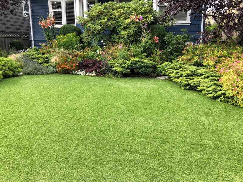 A beautiful artificial lawn in the front yard with nice flowers and shrubs surrounding it  