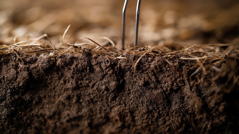 A wire pin being inserted upside down into the soil cover sheet at the edges