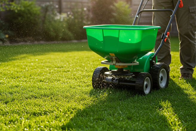 A lawn spreader distributes fertilizer evenly across a lush green lawn.