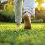 A man practicing deep breathing exercises while walking barefoot on the grass