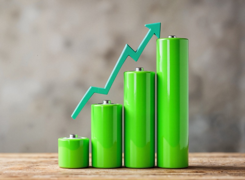 Green batteries showing increasing energy levels on wooden surface