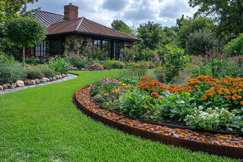 Decorative metal lawn edging creating a clear separation between the garden bed and the lawn, highlighting the neat, manicured outdoor area.