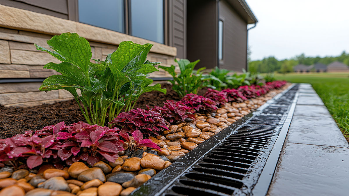 Lush landscaping with rain-soaked plants and decorative mulch bordering a drainage system next to a modern home.
