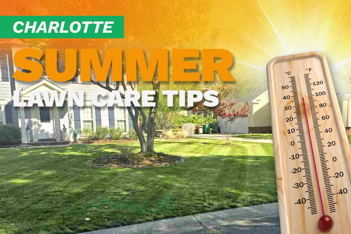 A house with a manicured lawn on an illustrated image with a thermometer and sunburst depicting summer heat.
