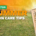 A house with a manicured lawn on an illustrated image with a thermometer and sunburst depicting summer heat.