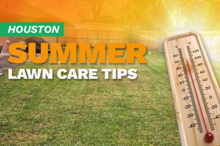A house with a manicured lawn on an illustrated image with a thermometer and sunburst depicting summer heat.