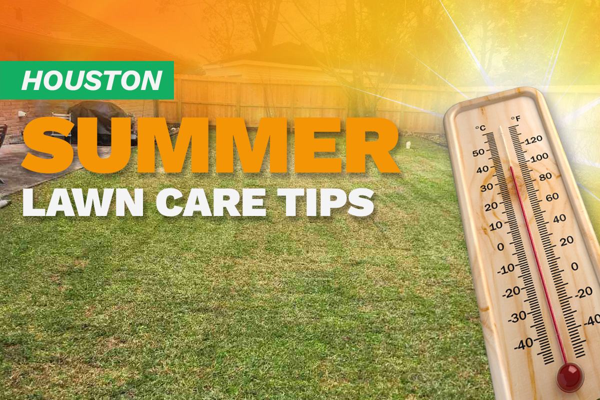 A house with a manicured lawn on an illustrated image with a thermometer and sunburst depicting summer heat.