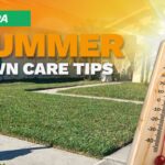 A blue house with a manicured lawn on an illustrated image with a thermometer and sunburst depicting summer heat.
