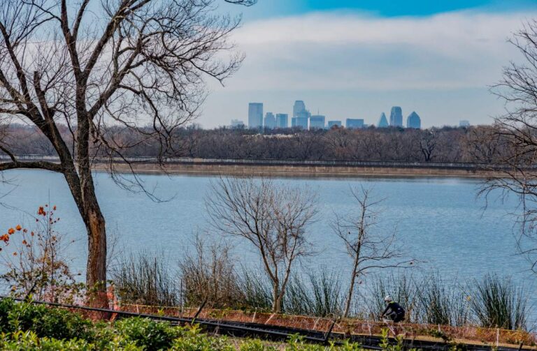 Bare trees and a lake are shown during winter, with the skyline of Dallas in the far distance.