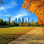 The skyline of downtown Charlotte, N.C., is seen behind a park during fall with trees and leaves changing colors.