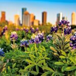 Purple bluebonnet flowers with green stems are shown in the foreground with the city skyline of Houston in the background during springtime.