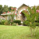 A tan-color Florida style-home with crepe myrtle tree out front and a manicured lawn.