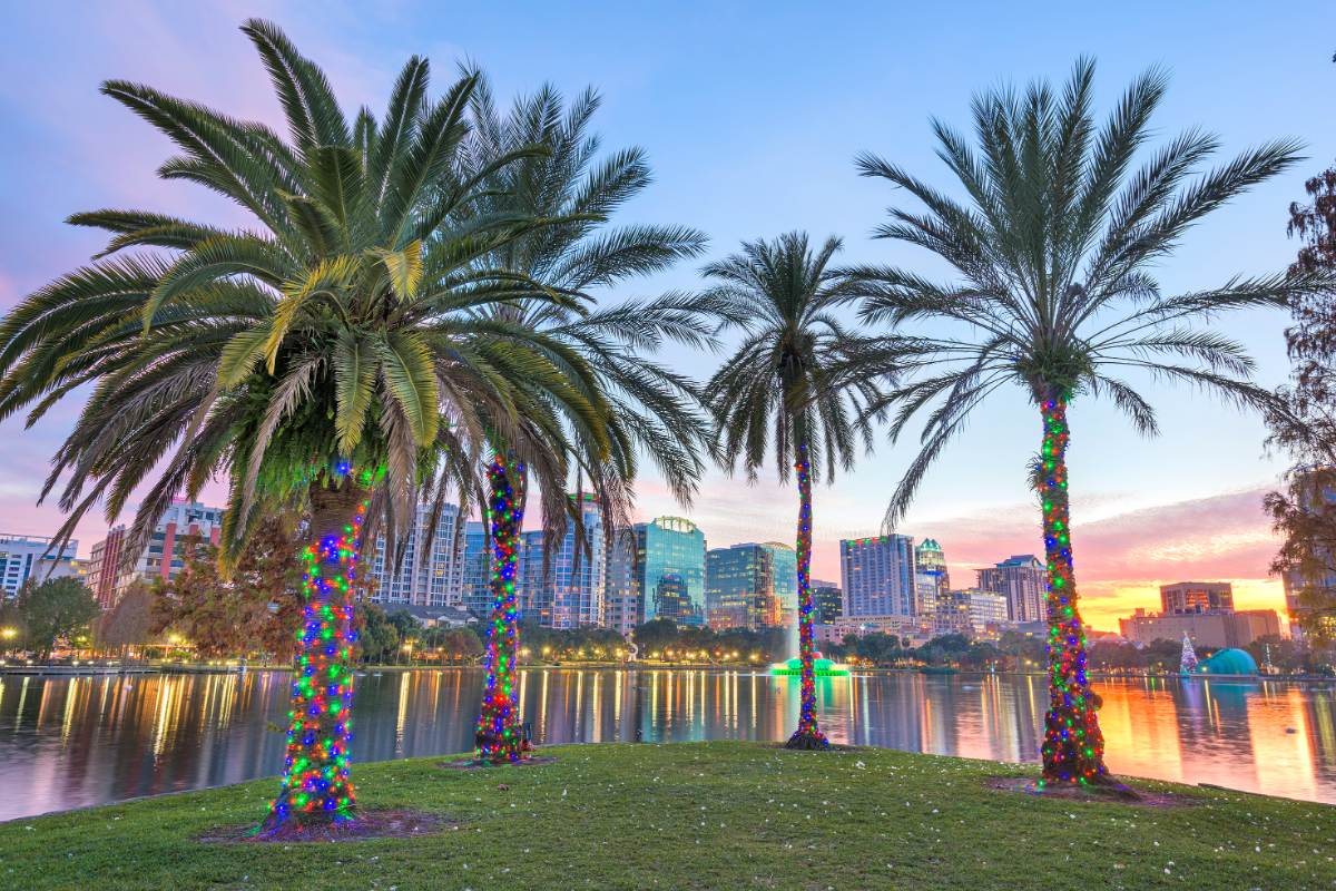 Four palm trees are decorated with holiday lights near a lake with the skyline of Orlando in the background.