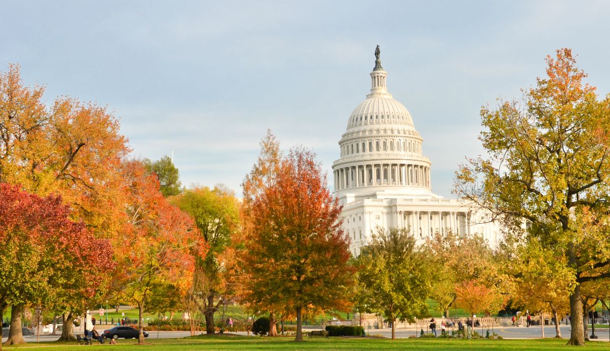 Fall foliage including colorful trees and leaves surround the Capitol building in Washington, DC.
