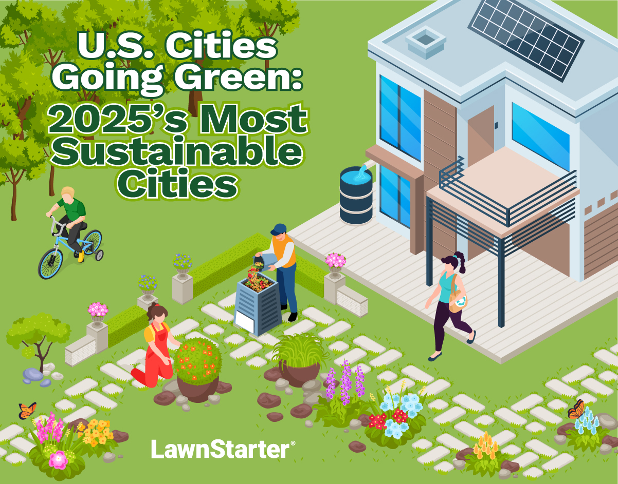 Illustration of people gardening, cycling, and composting outside a modern home with solar panels and rainwater barrel, promoting LawnStarter’s 2025 Most Sustainable Cities report.